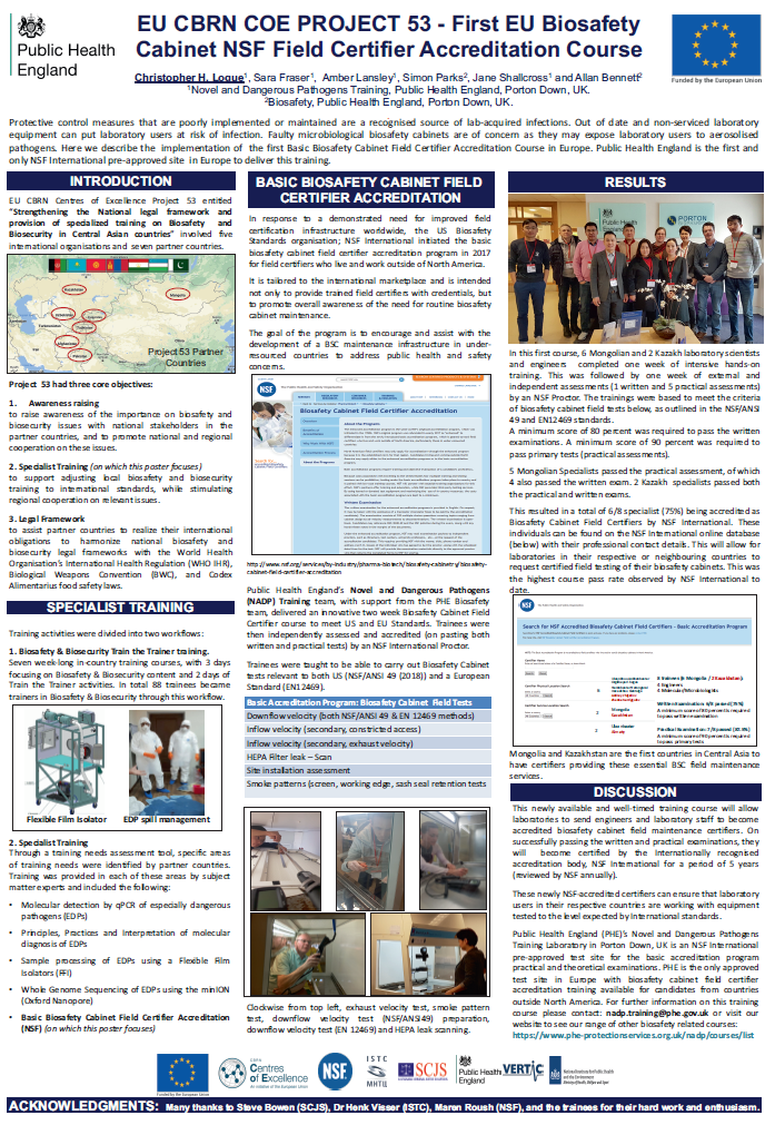 EU CBRN Project 53 Participates in the European Biosafety Association (EBSA) 22 Conference, presenting the results of its first EU Biosafety Cabinet NSF Field Certifier Accreditation Course 